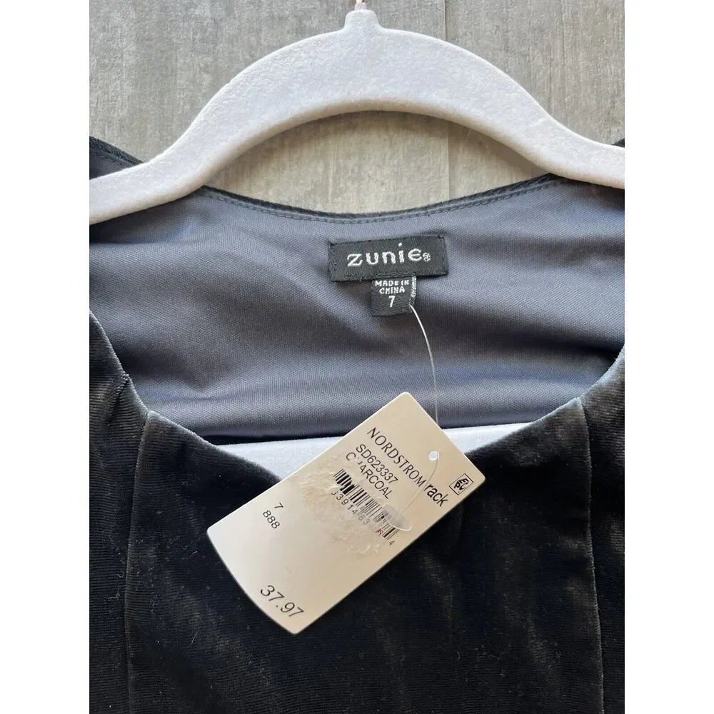 ZUNIE Kids Shirred Puff Sleeve Dress Big Girl Velvet Velour Swing Twist Gray 7